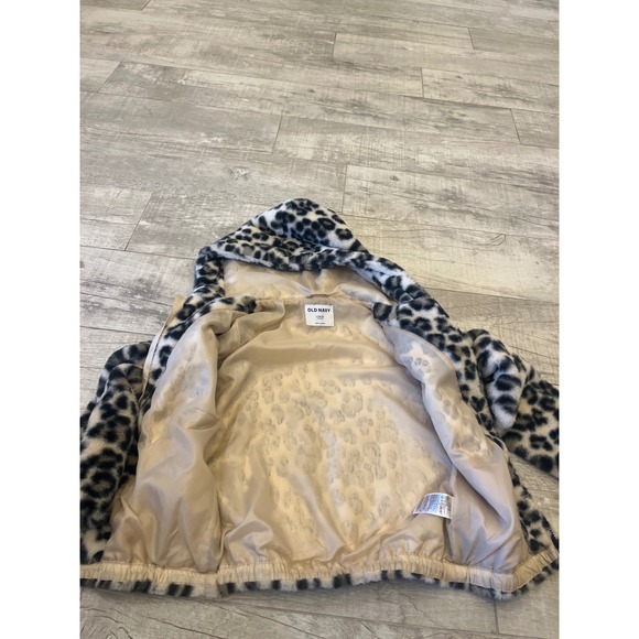 Old Navy Girls Leopard Faux Fur Hooded Jacket Size L 10 12 Winter Warm - Picture 7 of 8